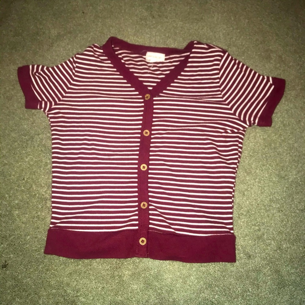 Maroon ish and white striped button shirt